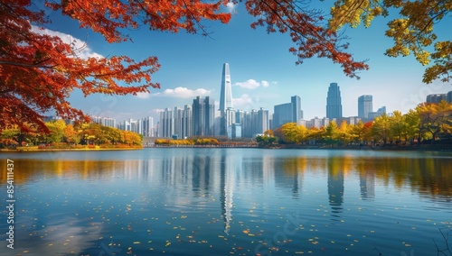 In autumn, the view of the Seoul city skyline from the lake in the park towards the Lotte World Tower, with skyscrapers and trees, on a sunny day, a blue sky Generative AI photo