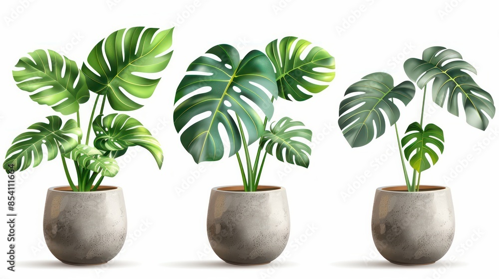 Fototapeta premium Three potted plants with green leaves sit in a row
