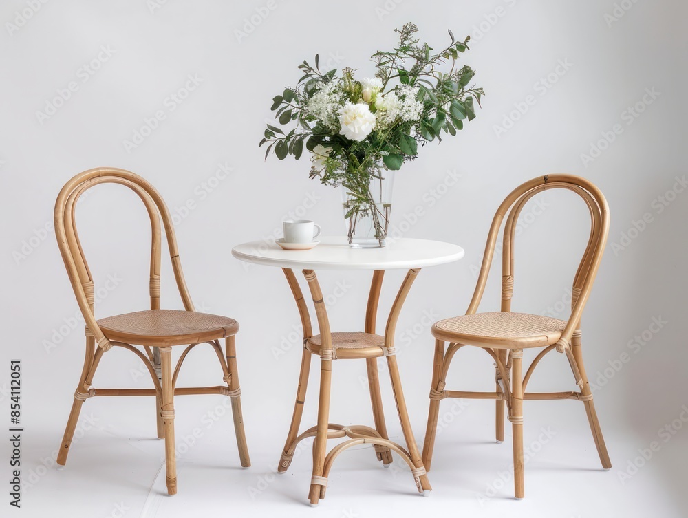 A table with two chairs and a vase of flowers on it A table with two chairs and a vase of flowers on it