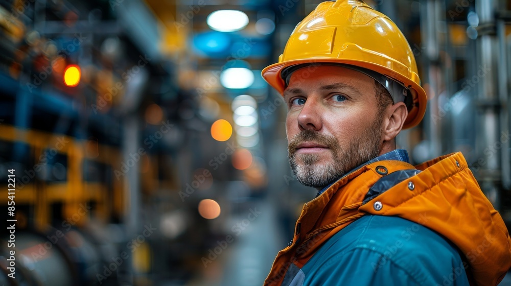 Male worker with a protective helmet and orange high-visibility jacket inside an industrial facility Male worker with a protective helmet and orange high-visibility jacket inside an industrial facility