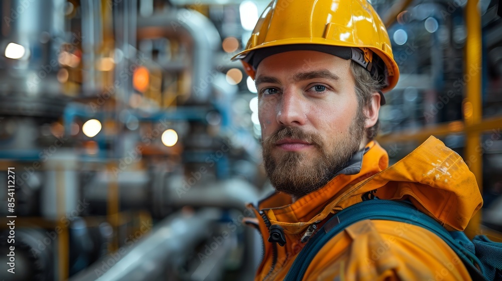 Young male worker in yellow helmet and orange jacket looking over shoulder in an industrial setting