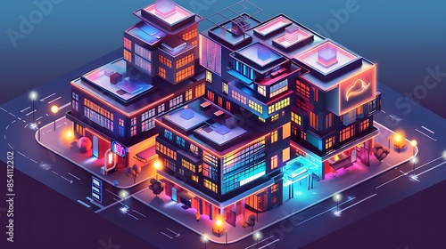 Vibrant isometric hotel with multiple stories and detailed modern architecture photo