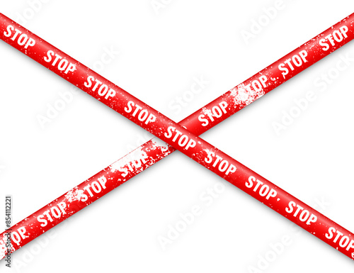 Old grunge barricade construction tape. Red police warning line, brightly colored danger or hazard stripe, ribbon. Restricted area, zone. Attention symbol. Vector illustration