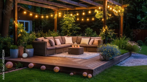 A patio with a wooden deck and a pergola