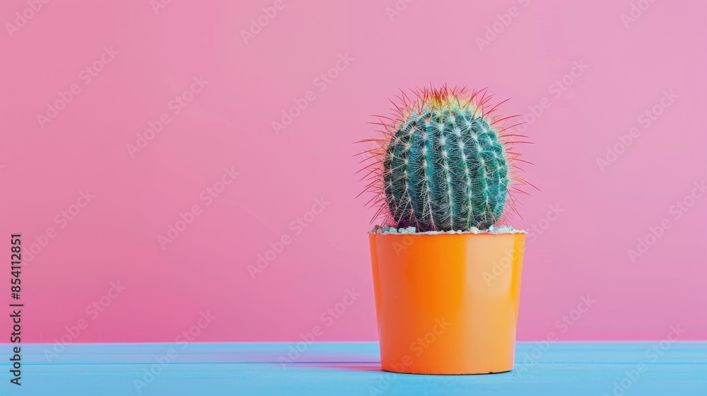 Cactus in orange pot on pink background with blank space for text Cactus in orange pot on pink background with blank space for text