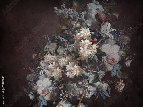 Obraz Beautiful bouquet of 3D kaiwts, painted with oil paint on the background of a concrete wall with cracks. Oil painted. 