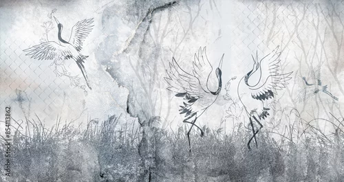 Obraz Cranes dancing in the grass on the background of a concrete wall. Navy blue texture for wallpaper
