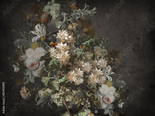 Beautiful bouquet of 3D kaiwts, painted with oil paint on the background of a concrete wall with cracks. Oil painted. 