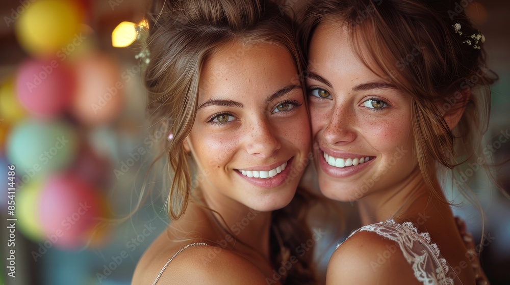 Two bridesmaids share a touching moment, embracing the spirit of a wedding with emotional closeness Two bridesmaids share a touching moment, embracing the spirit of a wedding with emotional closeness