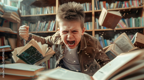 Angry irritated kid in a classroom, throwing books