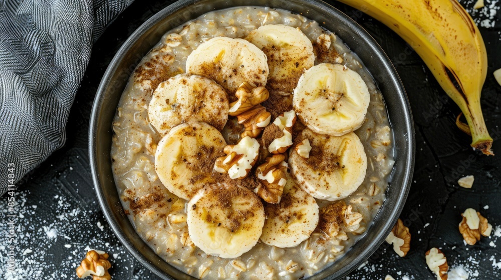 Oatmeal with bananas, walnuts and cinnamon in a bowl on a black background, with apple slices scattered on the plate, top view. The texture of the grains is visible. Oatmeal with bananas, walnuts and cinnamon in a bowl on a black background, with apple slices scattered on the plate, top view. The texture of the grains is visible.
