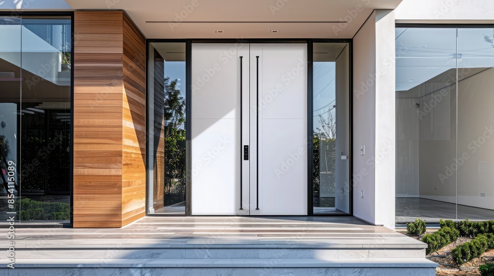 A white modern door leading into the entryway of an upscale home designed in a bold green style with wood accents. The house is minimalist but elegant, with large glass windows. A white modern door leading into the entryway of an upscale home designed in a bold green style with wood accents. The house is minimalist but elegant, with large glass windows.