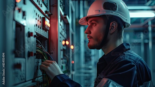 An engineer at a power plant works with the control panel of electricity production equipment