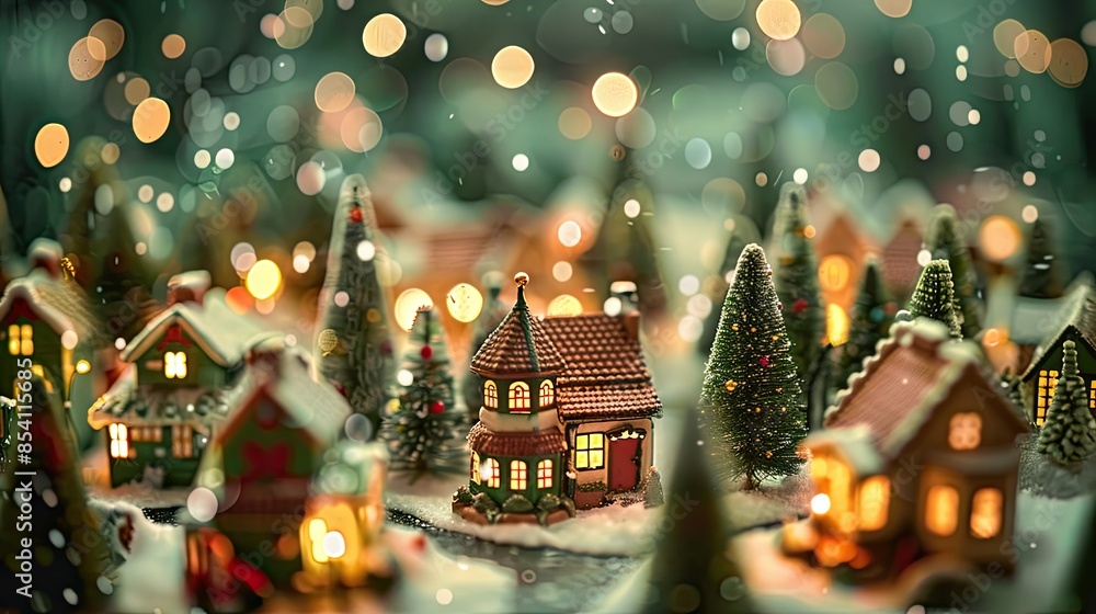 Christmas village with paper houses and trees, green background with bokeh lights, paper cut style, bohemian aesthetic, cute storybook illustrations in white and beige style, Christmas village with paper houses and trees, green background with bokeh lights, paper cut style, bohemian aesthetic, cute storybook illustrations in white and beige style,