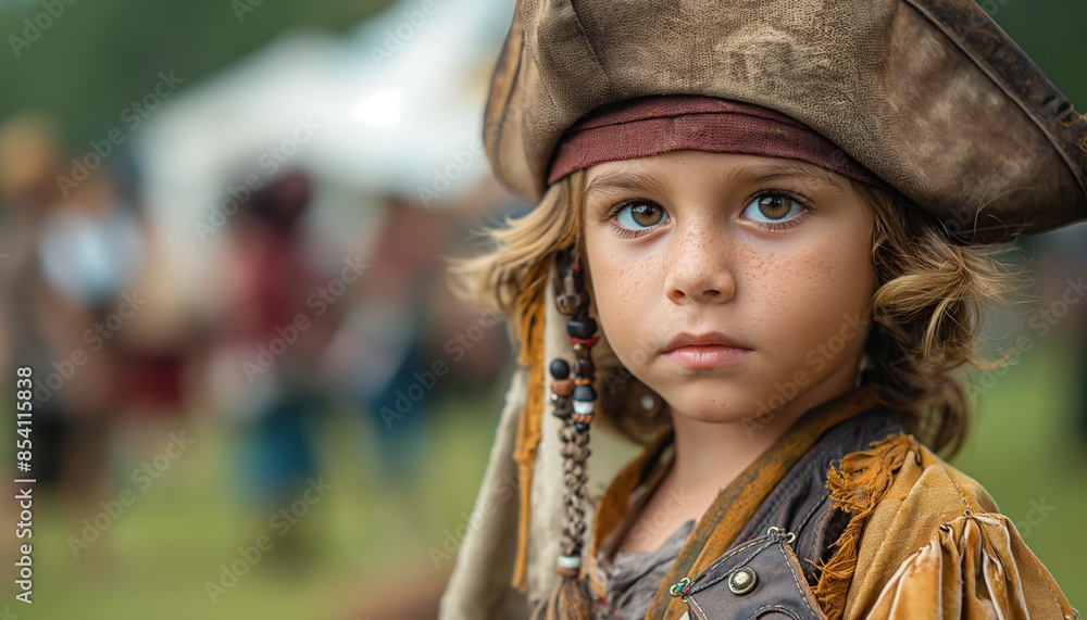 A child dressed as a pirate looks on curiously at an outdoor event A child dressed as a pirate looks on curiously at an outdoor event