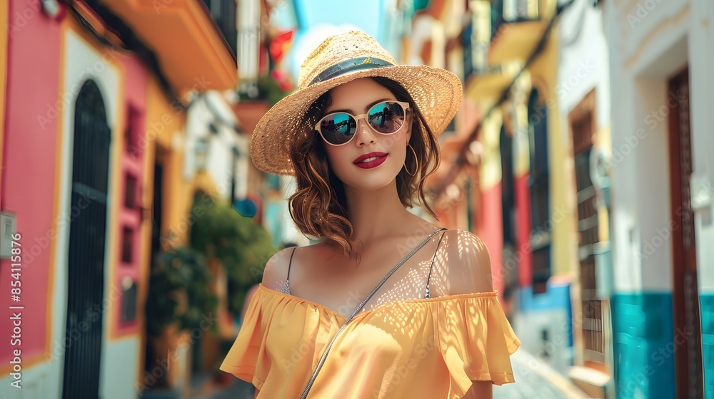 Young woman with sunglasses and hat at beach. Sun protection care Young woman with sunglasses and hat at beach. Sun protection care