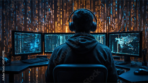 A technologically advanced hacker, surrounded by swirling streams of binary code and holographic screens displaying intricate algorithms, sits at a sleek console in a dimly lit room.