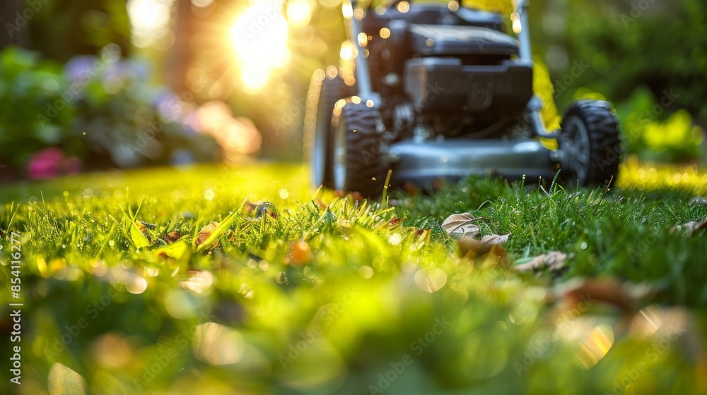 A high-quality stock image depicting a lawnmower working on a lush green lawn with sunlight filtering through A high-quality stock image depicting a lawnmower working on a lush green lawn with sunlight filtering through