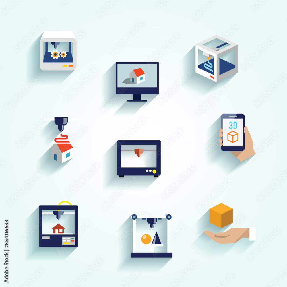 printer 3d flat icons set modern architecture futuristic building process isolated vector illustration printer 3d flat icons set modern architecture futuristic building process isolated vector illustration