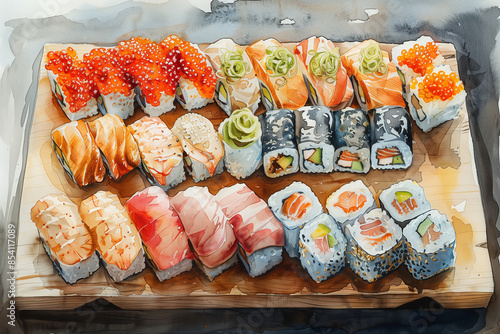 A watercolor painting of Sushi arranged on a wooden plate.