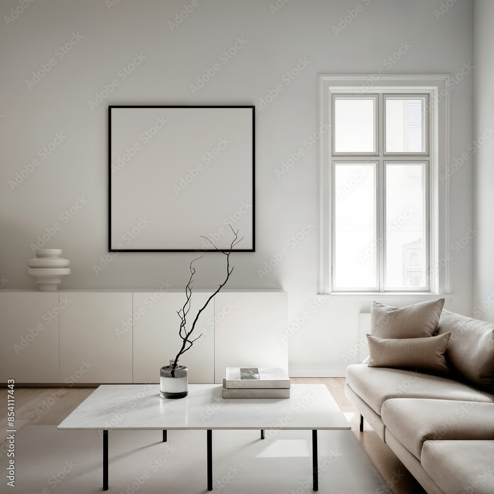 Mockup of frame for square poster in the living room interior. Modern Interior Design: Bright room with poster frame on gray wall. Laconic apartment design: light room with beige accents Mockup of frame for square poster in the living room interior. Modern Interior Design: Bright room with poster frame on gray wall. Laconic apartment design: light room with beige accents