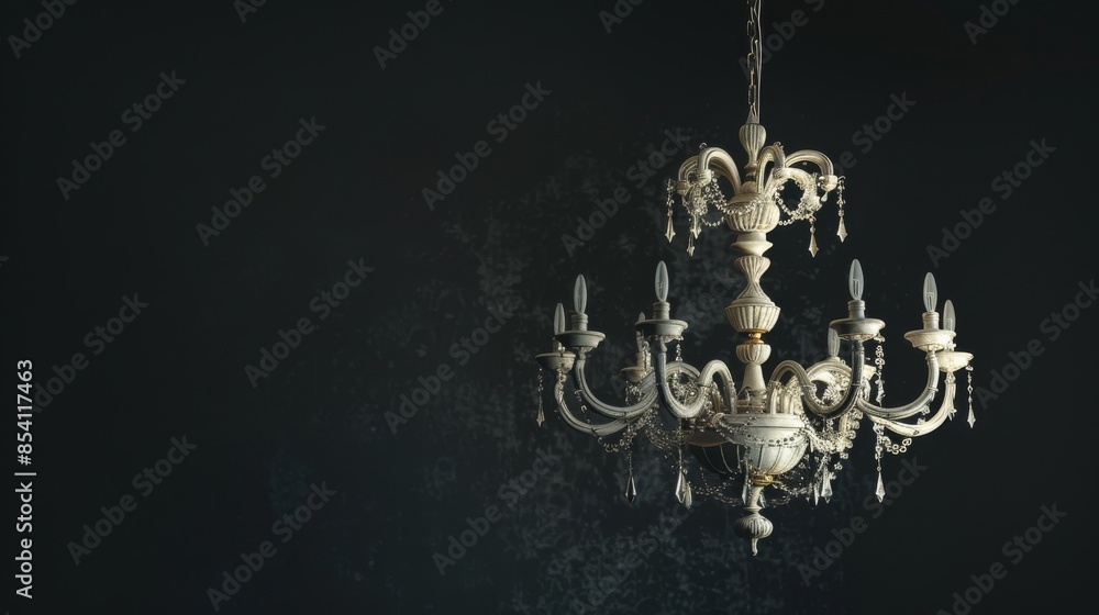 Fototapeta premium A crystal chandelier with candles hangs from a dark ceiling
