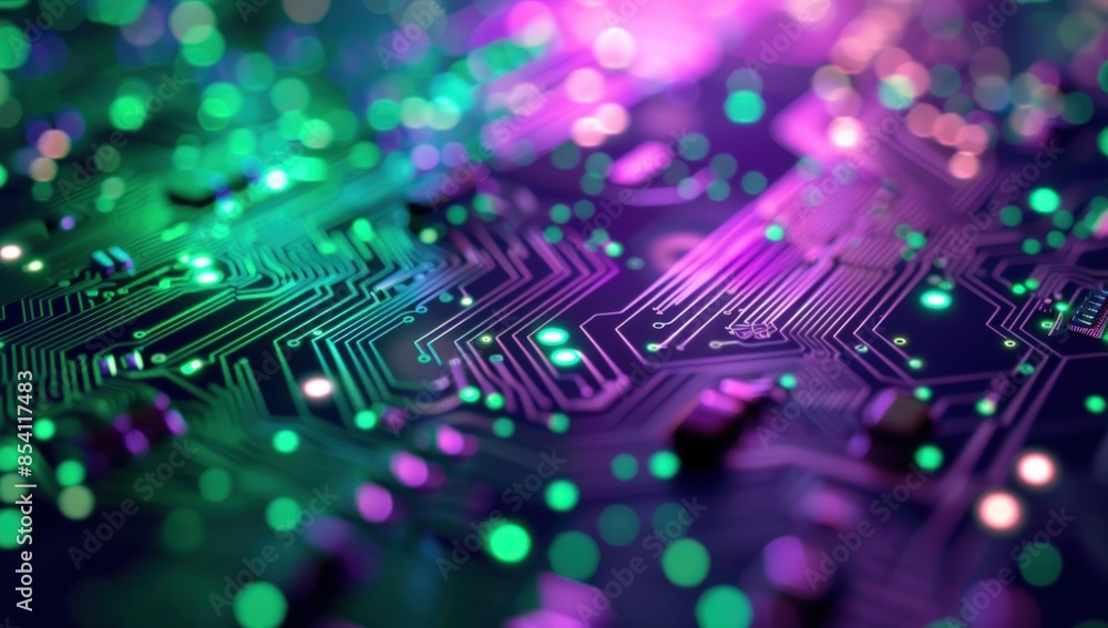 Fototapeta premium A computer chip with a green and purple background. Generate AI image