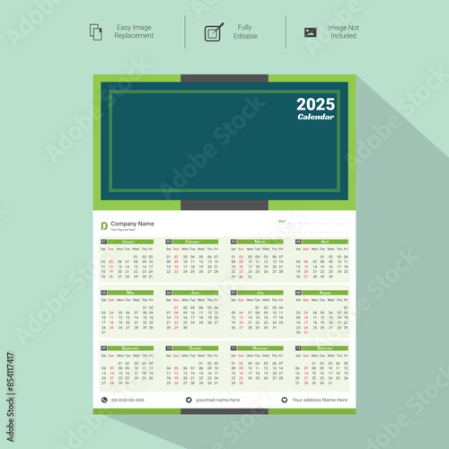 Corporate wall Calendar Template Design for 2025.Set of single pages calendar vector design with  print template
