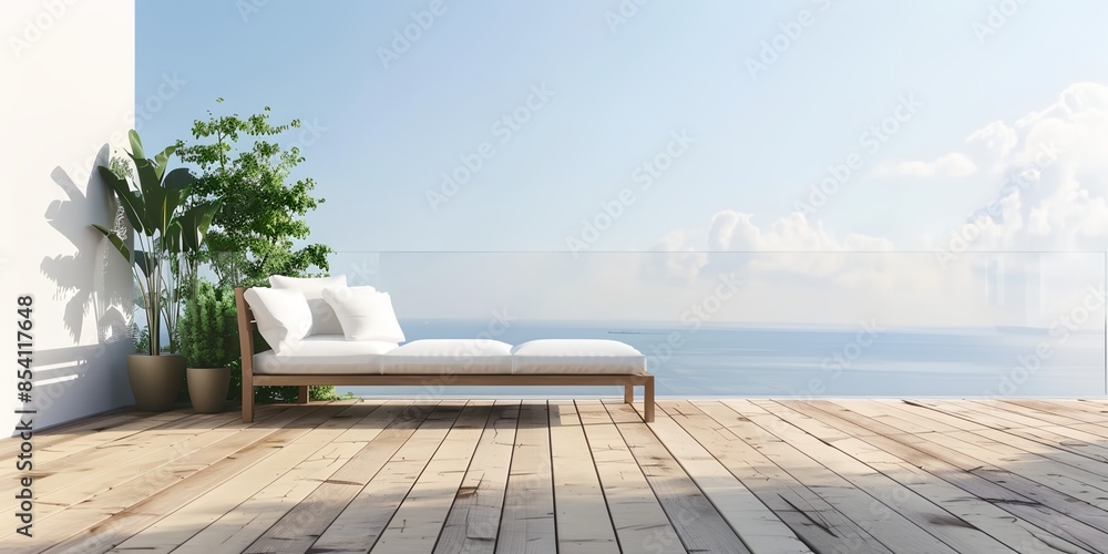 Fototapeta premium a white couch sitting on top of a wooden floor next to a plant and with a view of the ocean