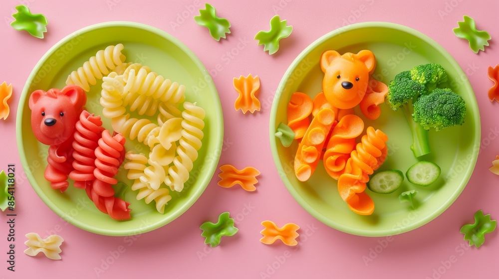 Obraz premium Adorable kids meal featuring colorful veggies and pasta on green animal-shaped plates, playful pink background, combining health and fun in every bite