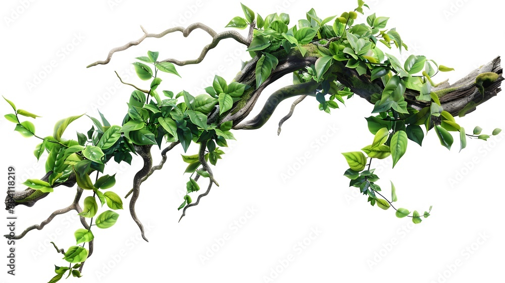 realistic twisted jungle branch with plant growing isolated on a white background realistic twisted jungle branch with plant growing isolated on a white background