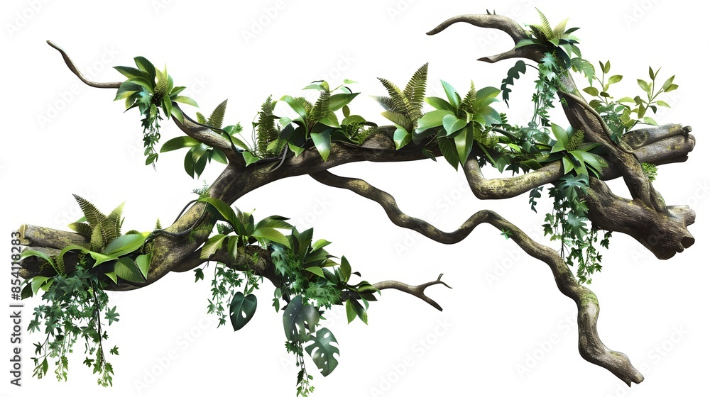 Fototapeta premium realistic twisted jungle branch with plant growing isolated on a white background