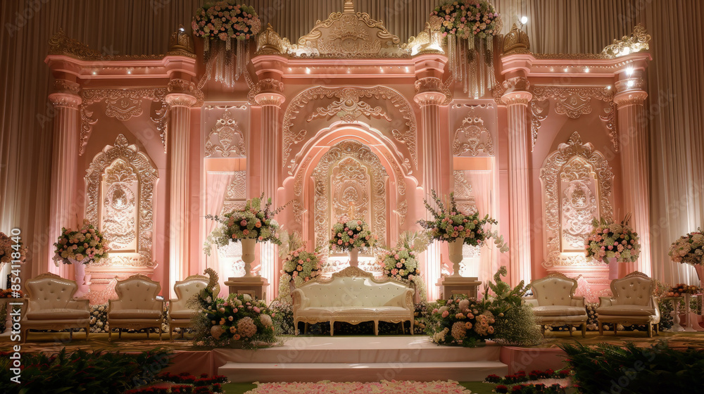 Fototapeta premium Wedding stage enveloped in soft pink hues, creating a scene straight out of a fairytale. Wedding stage background.