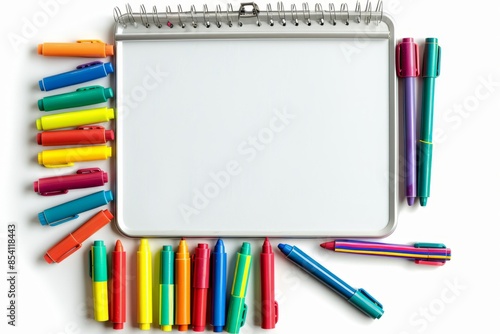 A colorful whiteboard filled with markers and magnets, perfect for teachers to create interactive lessons. The clear white background makes it easy to focus on the content.