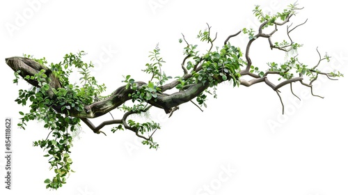 realistic twisted jungle branch with plant growing isolated on a white background