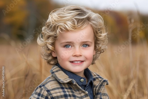 Smiling blond boy with blue eyes in an autumn field, capturing the joy and innocence of childhood in a natural outdoor setting, Generative AI