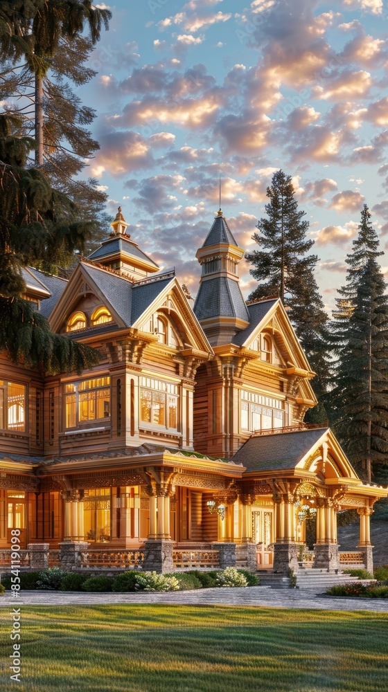 a mansion with luxurious and light-filled interior design, featuring a golden-colored building, large windows, and intricate wood-carved columns. a mansion with luxurious and light-filled interior design, featuring a golden-colored building, large windows, and intricate wood-carved columns.