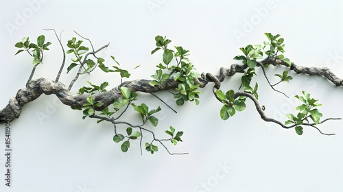 realistic twisted jungle branch with plant growing isolated on a white background