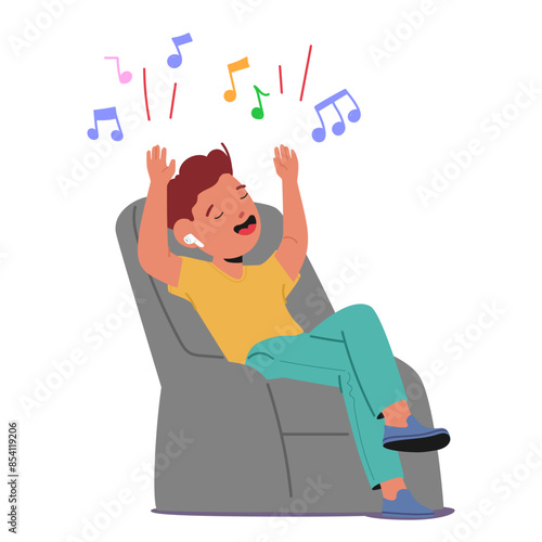 Young Child Boy Character Sitting Comfortably In A Chair, Enjoying Music With Headphones, Expressing Joy