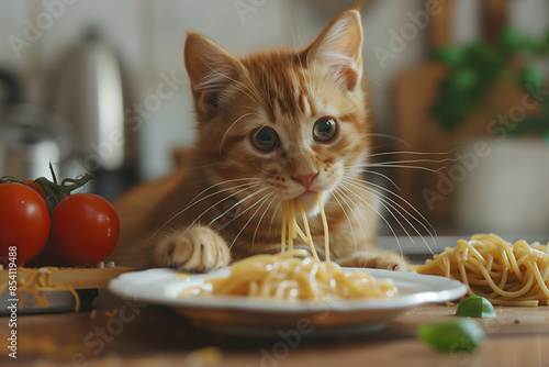 cat eating spaghetti Delicious in the kitchen.