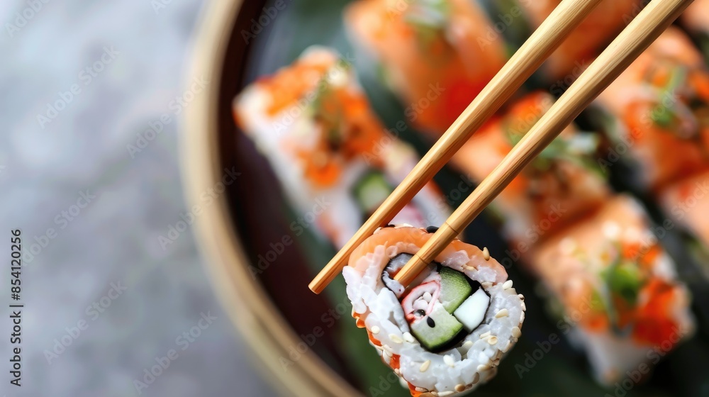 Close up of sushi roll held with chopsticks with text space Close up of sushi roll held with chopsticks with text space