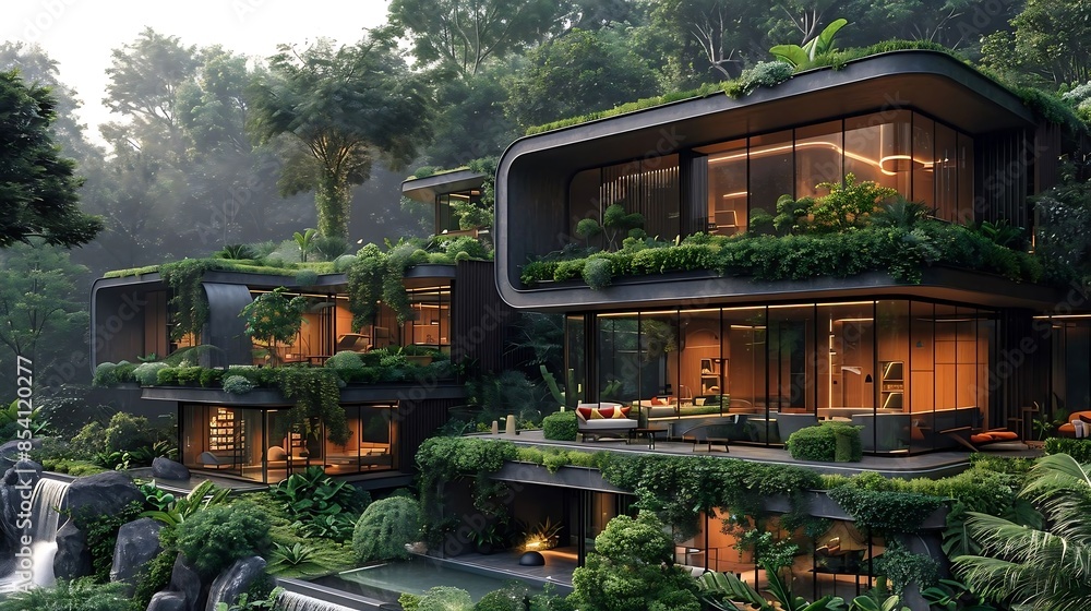 Nestled within the tranquil embrace of a lush forest, this modern living house epitomizes a seamless blend of contemporary design and natural beauty. The exterior, characterized by sleek lines and lar Nestled within the tranquil embrace of a lush forest, this modern living house epitomizes a seamless blend of contemporary design and natural beauty. The exterior, characterized by sleek lines and lar