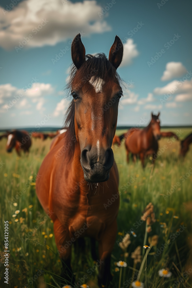 Horse standing in a wide meadow. Horse standing in a wide meadow.