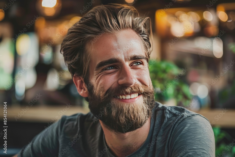 A bearded man's laughter is captured in a casual, relaxed moment, expressing joviality and authenticity A bearded man's laughter is captured in a casual, relaxed moment, expressing joviality and authenticity