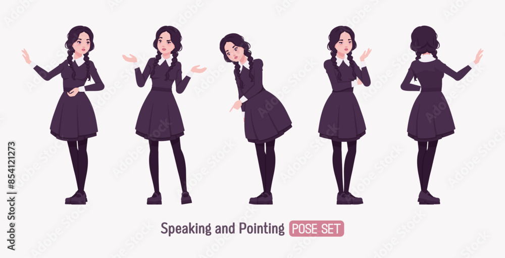 Obraz premium All black outfit pale girl, goth style long sleeved dress pointing pose, wearing Mary Jane shoes, two long pigtail braids, dark beauty charm costume, cool monochrome uniform look. Vector illustration
