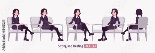 All black outfit pale girl, goth style long sleeved dress sitting pose, wearing Mary Jane shoes, two long pigtail braids, dark beauty charm costume, cool monochrome uniform look. Vector illustration