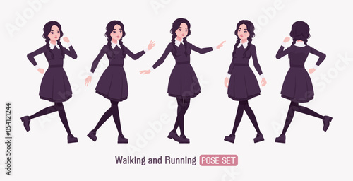 All black outfit pale girl, goth style long sleeved dress running pose, wearing Mary Jane shoes, two long pigtail braids, dark beauty charm costume, cool monochrome uniform look. Vector illustration