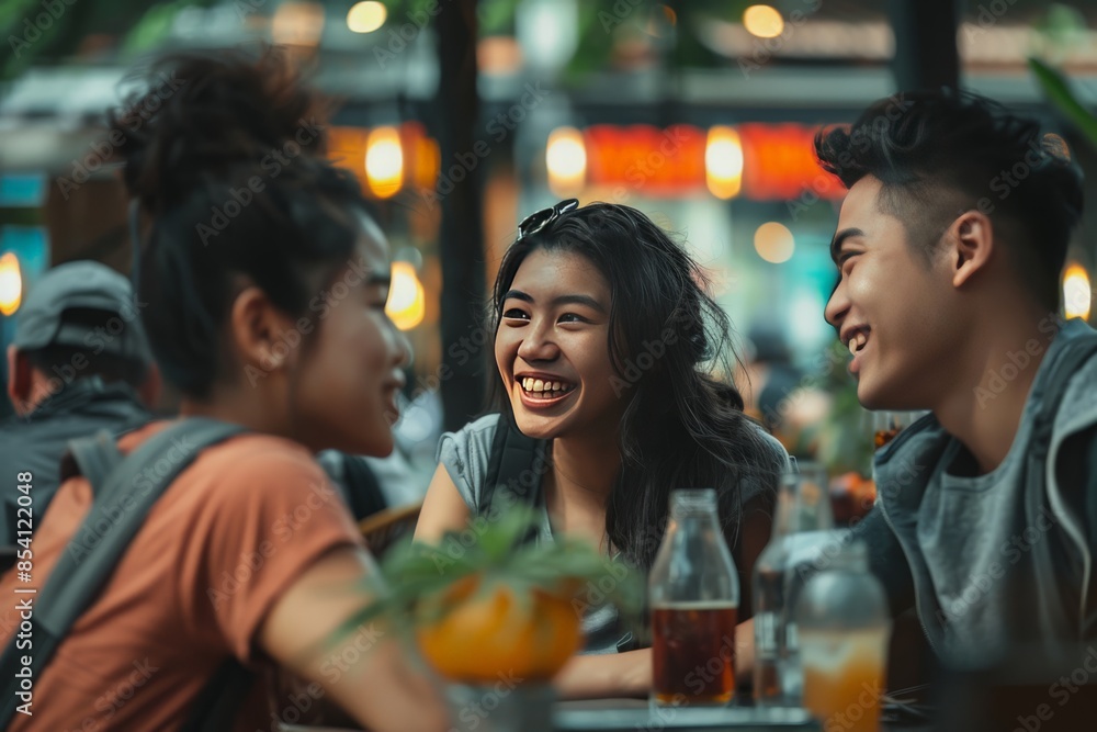 A lively group of friends laugh together while enjoying a meal at an outdoor restaurant, conveying friendship and happiness A lively group of friends laugh together while enjoying a meal at an outdoor restaurant, conveying friendship and happiness