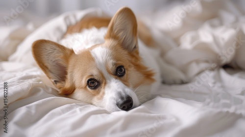 A Corgi lies on white sheets and gazes towards onlookers
