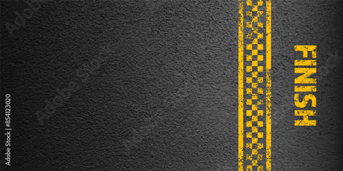 Asphalt road with yellow finish line marking, concrete highway surface, texture. Street traffic lane, road dividing strip. Pattern with grainy structure, grunge stone background. Vector illustration